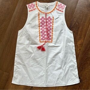 J Crew Boho Chic White Sleeveless Tunic with Colorful embroidery